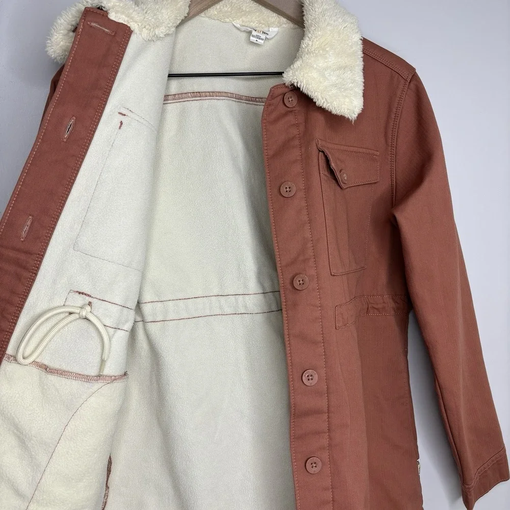hang Ten Sherpa Collar‎ Lined Utility Jacket Fisherman Small Neutral Canvas Cozy